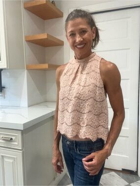 Love, Fire Blush Pink Lace High Neck Sleeveless Top | Size Medium